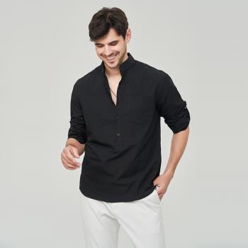 Mens shirts 歐美男裝休閑襯衫純色亨利衫長袖襯衣套頭男上衣潮