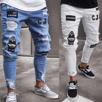 Mens jeans 歐美男裝外貿男士緊身牛仔褲刺繡破洞牛仔小腳褲