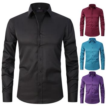 Mensshirts 歐美修身彈力襯衫長袖時尚商務休閑純色襯衣男上衣