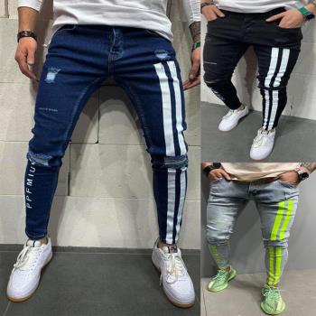 Mens jeans 歐美男士破洞彈力小腳牛仔褲亞馬遜印花牛仔褲男新款