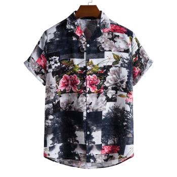 2022夏歐美度假風潮流印花寬松休閑大碼棉麻短袖襯衣男men shirts