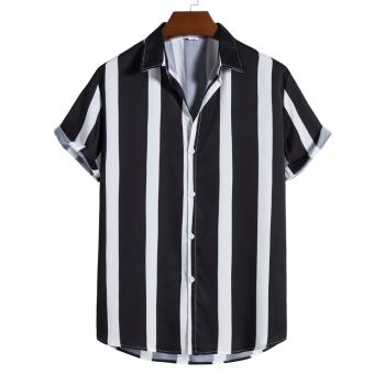 2025夏歐美時尚簡約黑白條紋印花寬松休閑短袖襯衫男men's shirts