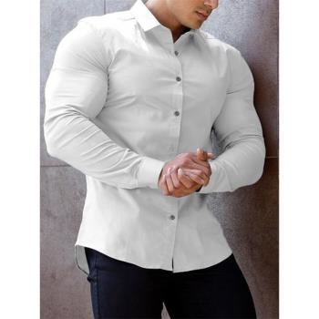 2025秋季新款男士休閑純色襯衫大碼肌肉健身長袖襯衣Men's Shirts