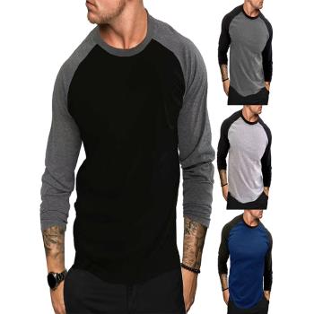 MensT-shirt 長袖圓領T恤寬松透氣大碼打底衫男休閑插肩袖上衣