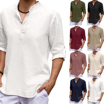 Mens casual shirt 歐美外貿休閑男士寬松襯衣棉麻套頭襯衫男