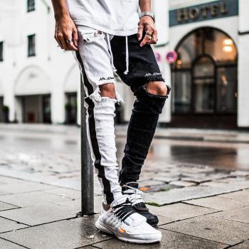 Mens ripped jeans男士牛仔褲歐美潮牌修身彈力破洞拼接牛仔長褲
