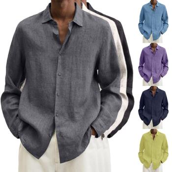 Mens casual shirt 歐美男裝長袖V領寬松紐扣棉麻襯衫襯衣男