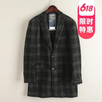 拉系列 冬季新款 羊毛格子大衣男士英倫風毛呢中長款潮流外套