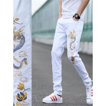 高階白色男士牛仔褲夏季新款修身刺繡小腳休閑長褲彈力印花褲子潮