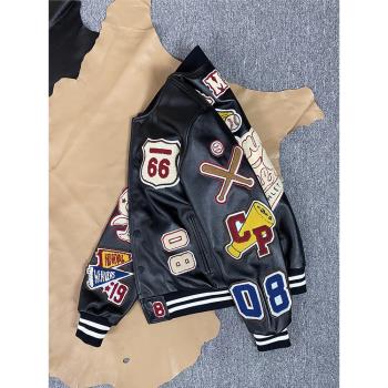 新款重工刺繡皮衣男休閑牛皮夾克棒球服真皮短外套寬松上衣ins潮