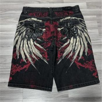 歐美街頭哥特暗黑風圖案印花牛仔短褲男高街個性原宿風闊腿五分褲