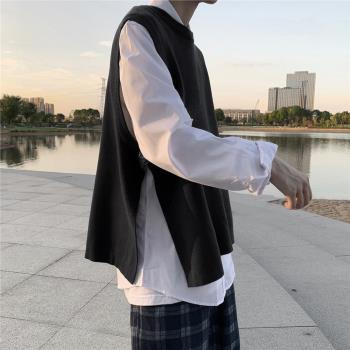一片式馬甲 秋冬情侶針織衫男寬松圓領套頭無袖開叉馬甲背心毛衣