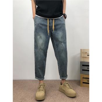 夏季薄款牛仔褲男直筒寬松破洞褲痞帥高階感微喇闊腿九分褲男潮牌