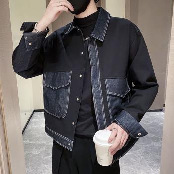 男士牛仔工裝拼接外套春秋季韓版潮流痞帥修身休閑翻領夾克上衣服