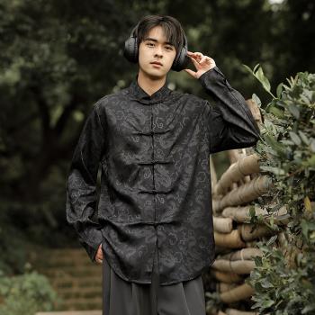 男士長袖襯衫秋季新款中國風男裝休閑襯衣中式復古盤扣上衣唐裝男