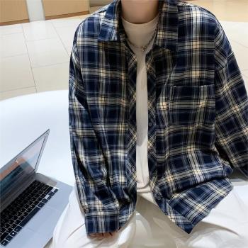 古著vintage藏藍色格子襯衫男春秋季高階感美式復古長袖襯衣外套