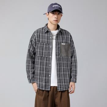 格子襯衫男高級感小香風外套日系復古休閑上衣秋季男士襯衣長袖潮