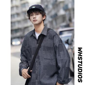 格子牛仔襯衫男長袖日系復古cityboy上衣秋季外套青少年休閑襯衣