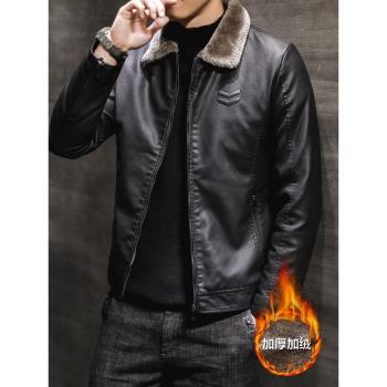 加厚加絨翻領夾克潮流機車服皮衣