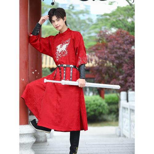 大唐漢服男圓領袍武俠風紅色飛魚服錦衣衛學生唐制古裝春夏季套裝
