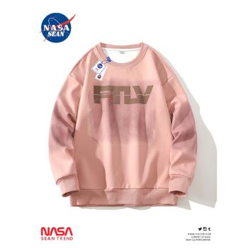 NASA聯名潮牌粉色套頭圓領衛衣男春秋款寬松休閑百搭情侶長袖上衣