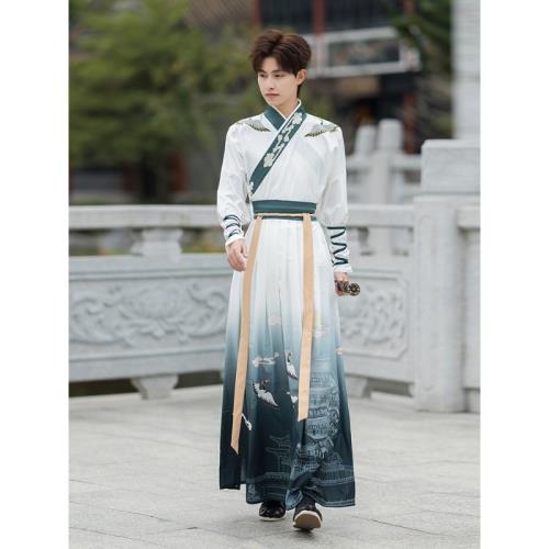 原創宋制漢服男青少年中國風仙鶴春夏交領古裝服裝男武俠俠客全套