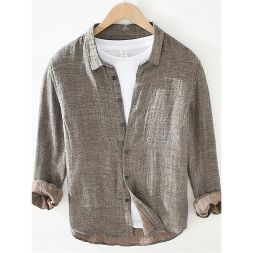 純亞麻襯衫男長袖休閑寬松夏季薄款透氣上衣水洗復古男裝襯衣外套