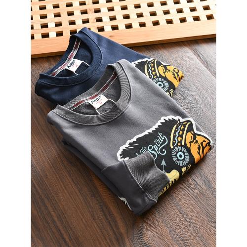 美式復古！細膩小毛圈！外貿男士新品印第安印花寬松圓領長袖衛衣