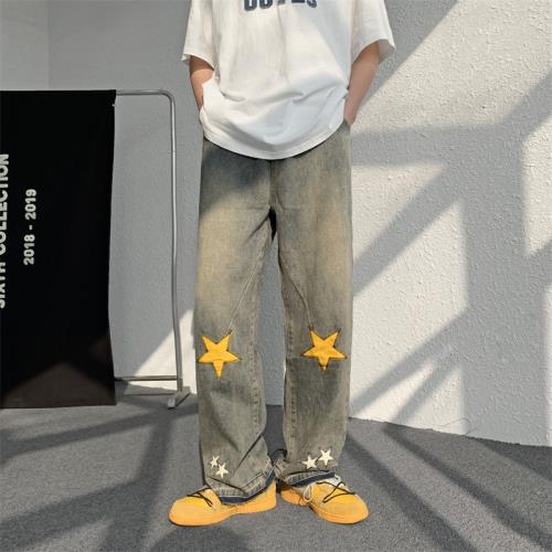美式高街嘻哈五角星貼布刺繡牛仔褲男街頭嘻哈vibe水洗做舊褲男