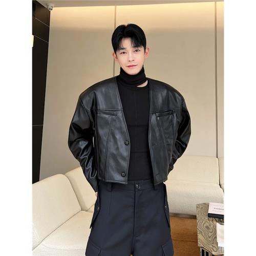 法式小香風PU皮外套男潮流高級感超短V領皮夾克疊穿短款輕奢皮衣