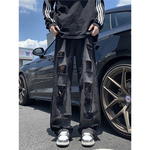 高街vibe破洞毛邊牛仔褲男款潮牌直筒青少年寬松休閑闊腿乞丐長褲