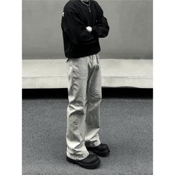 美式復古水洗臟灰色牛仔褲男秋季微喇修身顯瘦窄版百搭直筒休閑褲