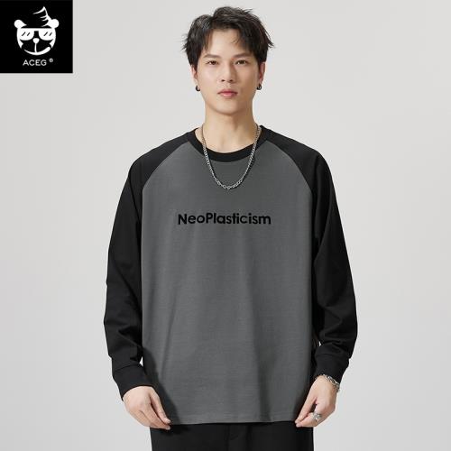 ACEG春秋季潮牌長袖T恤男大碼寬松加肥加大圓領打底衫T恤學生胖子
