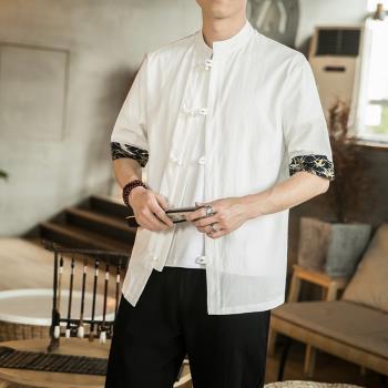 亞麻短袖襯衫男夏季薄款中國風男裝棉麻上衣新中式盤扣唐裝漢服潮