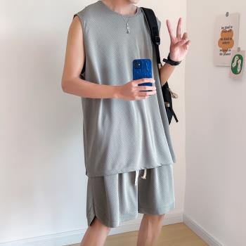 冰絲t恤套裝男夏季薄款速幹背心短褲兩件套青少年運動服一整套裝