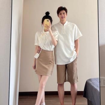 大碼短袖男式套頭唐裝改良旗袍少女上衣包臀裙套裝新中式情侶班服