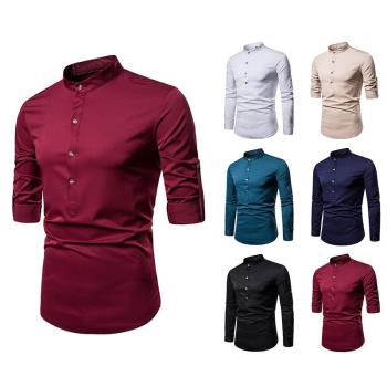 秋冬款男裝亨利領長袖襯衫休閑大碼襯衣韓版潮men casual shirts