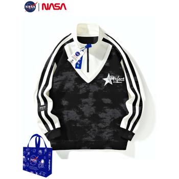 NASA假兩件半拉鏈衛衣男秋季潮牌美式翻領polo衫寬松潮流臟臟外套