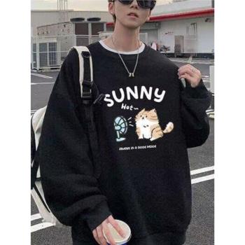 純棉圓領衛衣男生秋冬季加絨加厚學生寬松大碼上衣外套保暖絨衫男