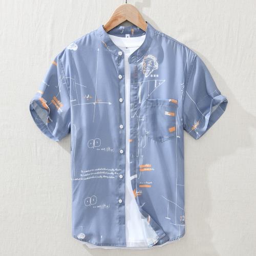 夏季男短袖襯衫立領字母印花半袖衫文藝青年襯衣薄款親膚外搭小衫