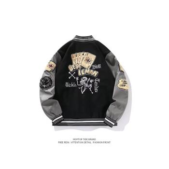 美式復古毛呢PU刺繡棒球服外套男女新款春秋季高街夾克潮牌情侶裝