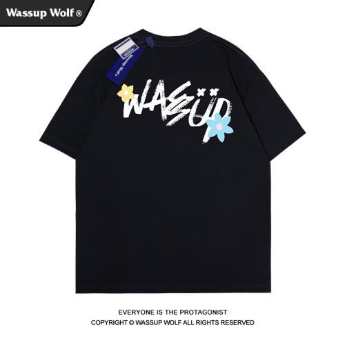 Wassup Wolf潮牌小花印花英文情侶半袖t恤男美式嘻哈寬松圓領短袖