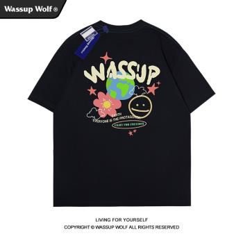 Wassup Wolf美式街頭塗鴉t恤男重磅純棉短袖情侶體恤潮牌夏季半袖