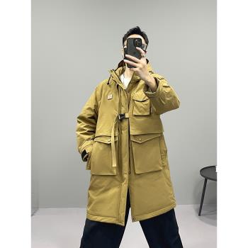 大風車日系高階感工裝連帽中長款羽絨服男潮戶外防寒保暖大衣外套