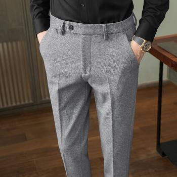 春季厚款磨毛小直筒休閑褲男士商務垂感免燙毛呢子西服褲青年百搭