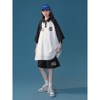 短袖polo衫男高級感華夫格套裝夏季潮牌寬松翻領t恤青少年運動服