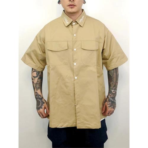 美式奇卡諾Chicano匪幫說唱風格紋身花體字刺繡工裝襯衫大碼寬松