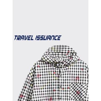 TRAVEL ISSUANCE 時光匆匆 美式街頭塗鴉格子休閑寬松連帽襯衫bf