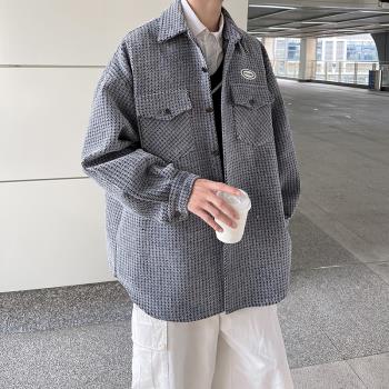 小香風外套男2023新款秋季潮流高階感千鳥格上衣男士休閑翻領夾克