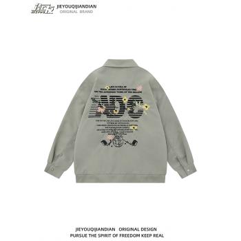 vintage重磅刺繡復古工裝夾克男女寬松oversize潮牌外套情侶上衣